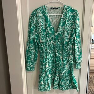Zara Green and White Long Sleeve Dress
